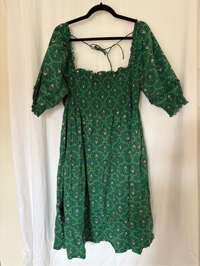 Hill House Green Floral Smocked Midi Dress with Puff Sleeves